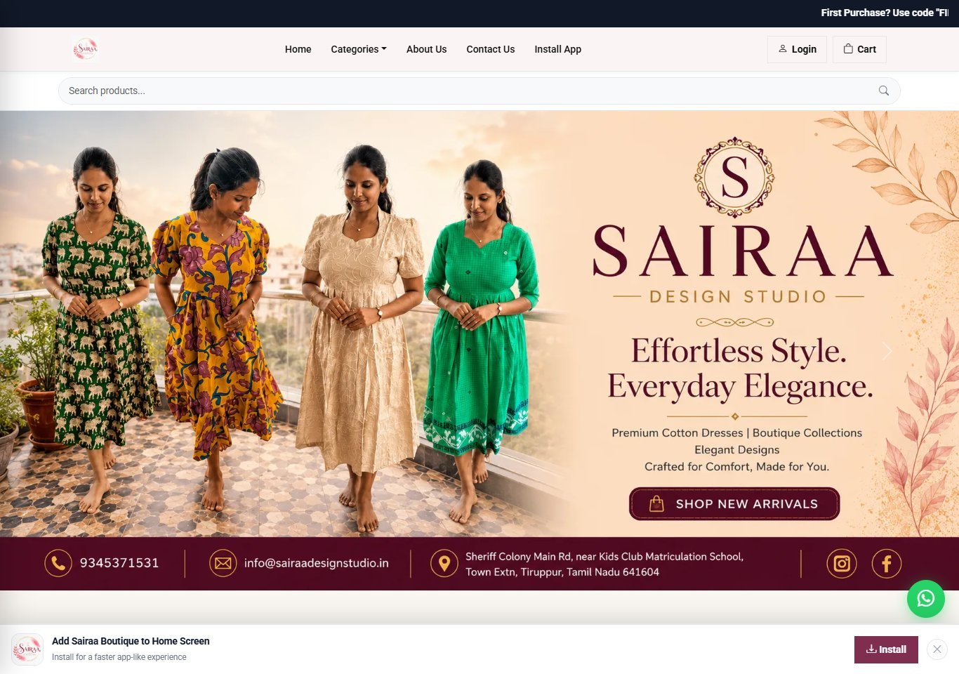 Homepage screenshot of Sairaa Design Studio